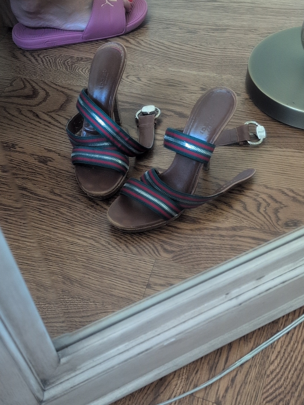 GUCCI RARE! Web Stripe Stilleto Heels Brown Leather Zipper Strap Detail - Women - Picture 8 of 12